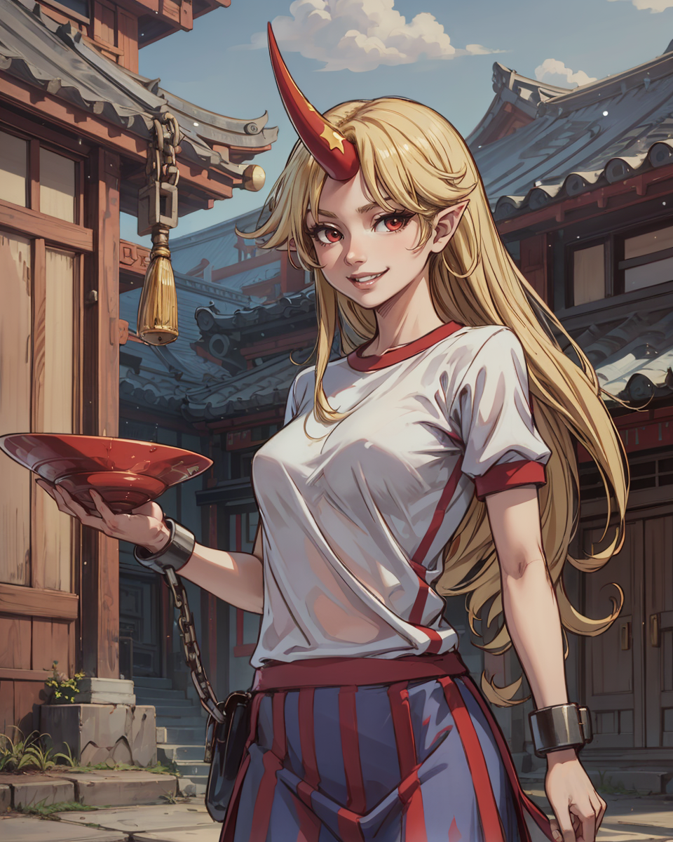 00973-1273836524-_lora_HoshigumaYuugi_1_,hoshiguma yuugi, 1girl,single horn, pointy ears, blonde hair, long hair,red eyes,shackles ,white shirt,s.png